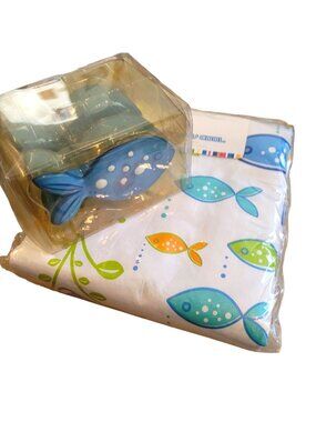 Blue and White Fish Vinyl Tablecloth and Salt and Pepper Shakers DH634